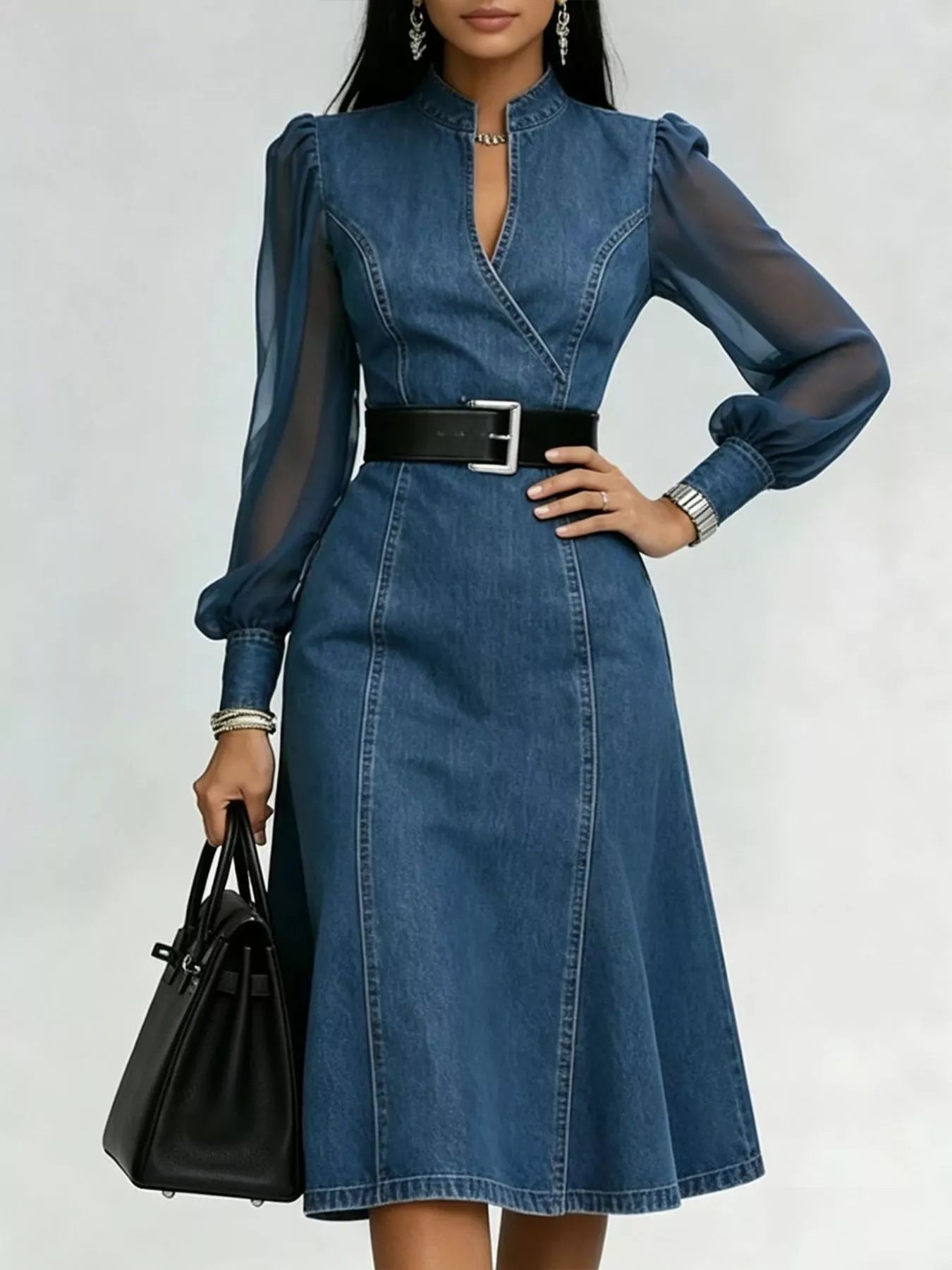 Sheer Elegance Denim Midi Dress