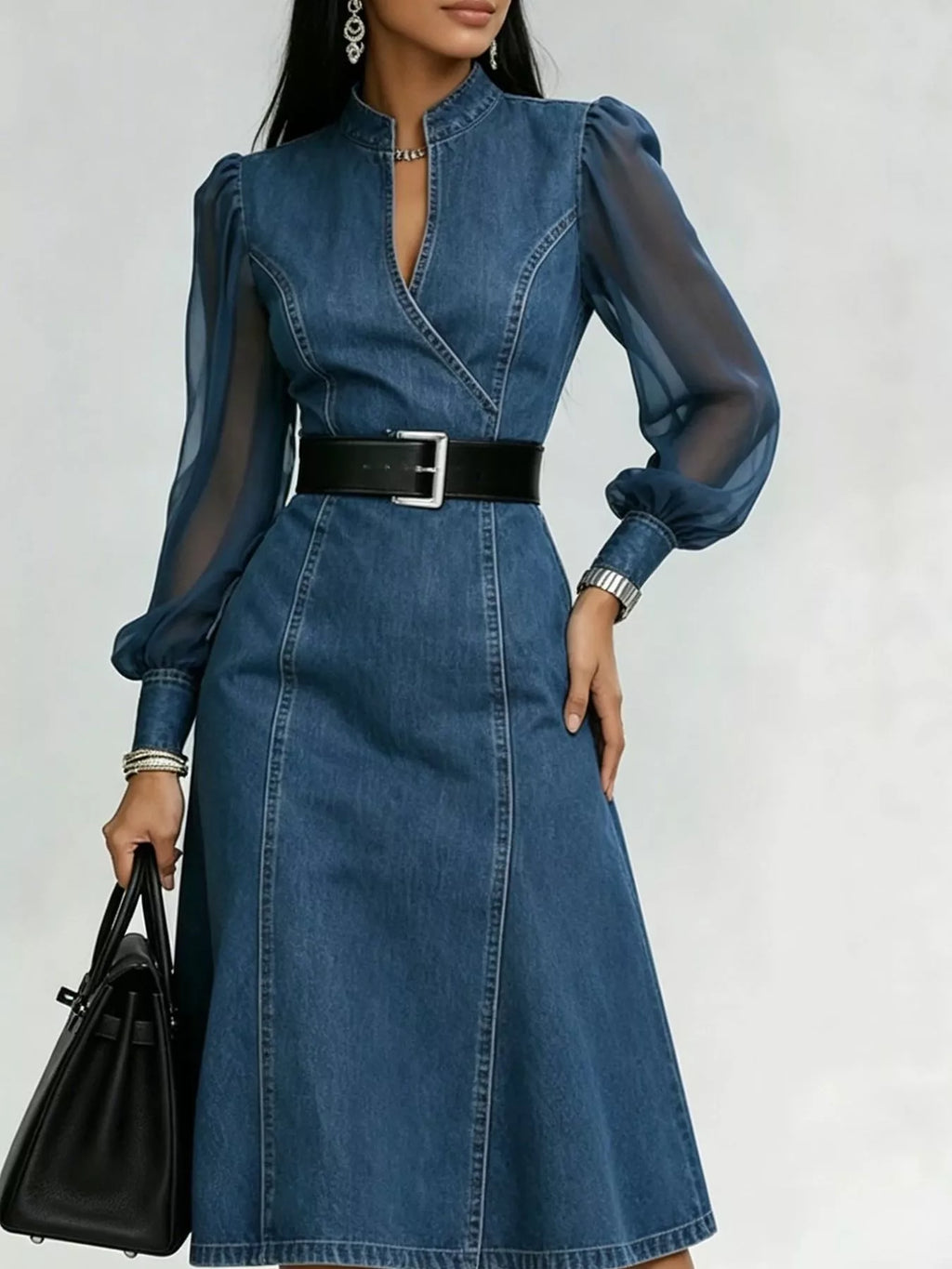 Sheer Elegance Denim Midi Dress