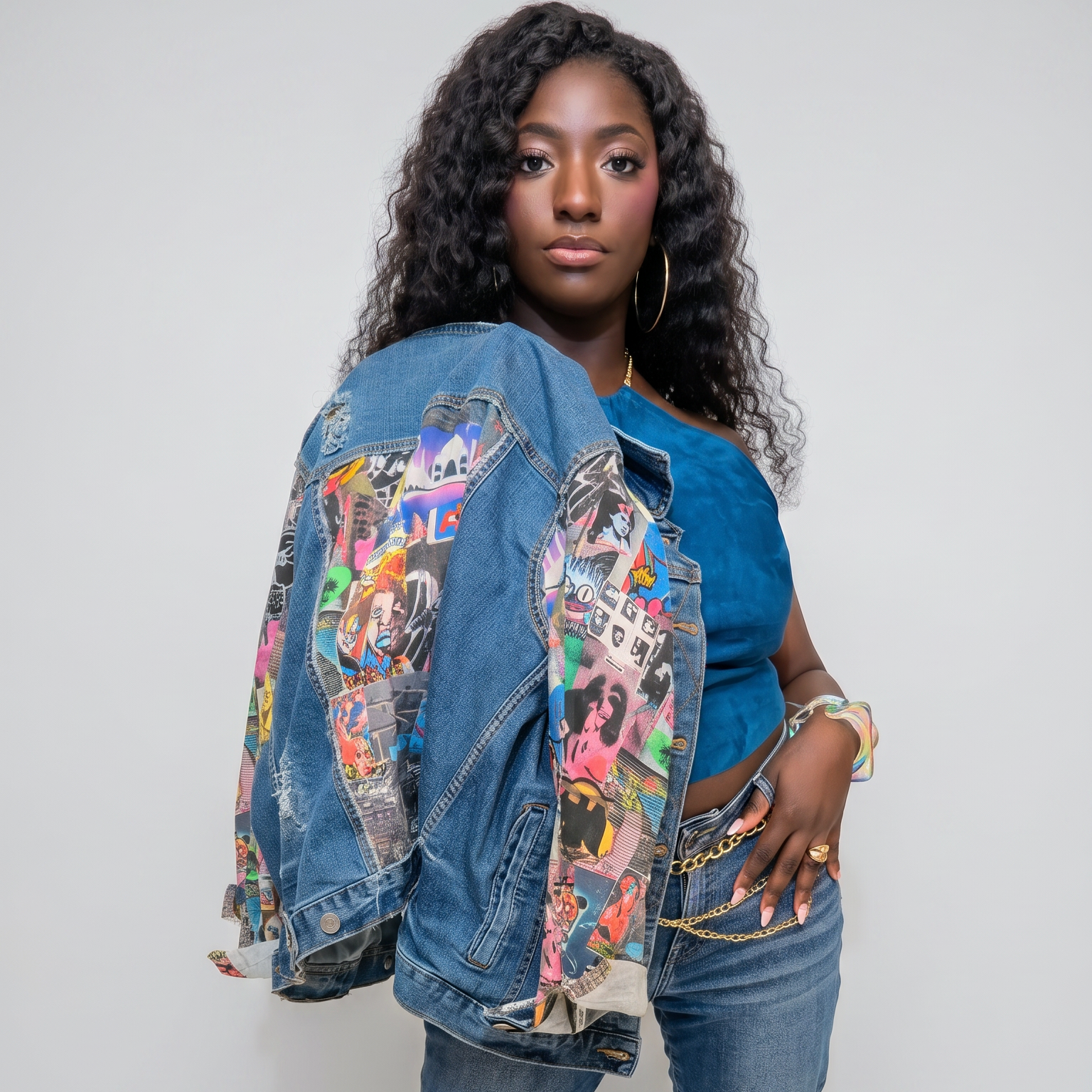 A woman modeling a heavily decorated distressed denim jacket covered in colorful stickers and patches, paired with blue jeans, a blue top, and colorful high heels, against a light gray studio background.