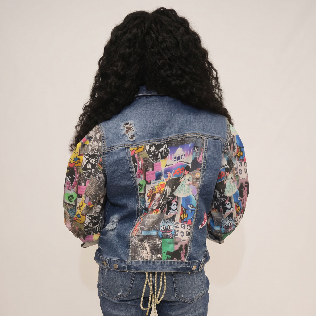 A model viewed from behind wearing a blue denim jacket with colorful graphic patches on the back and sleeves, paired with blue jeans and colorful high heels, against a plain light background.