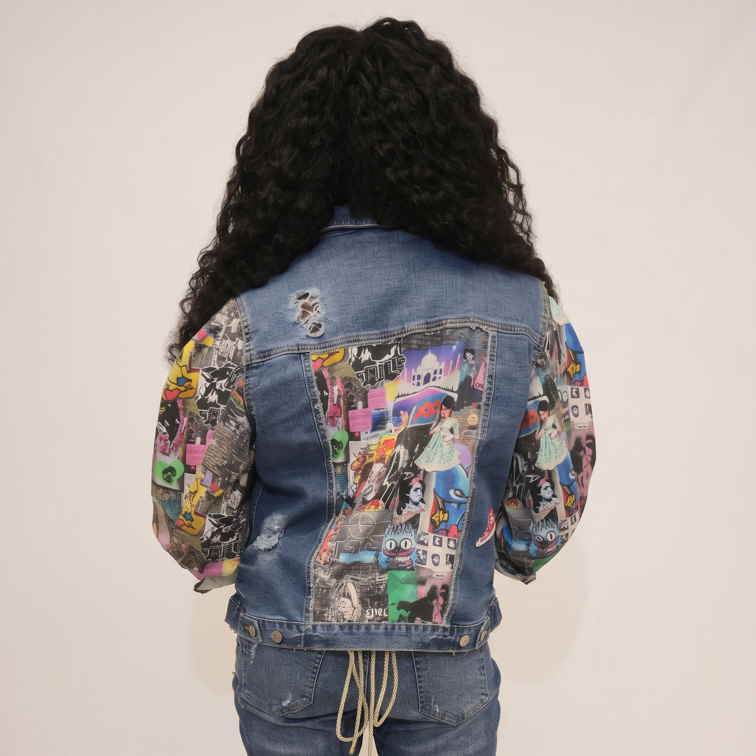 A model viewed from behind wearing a blue denim jacket with colorful graphic patches on the back and sleeves, paired with blue jeans and colorful high heels, against a plain light background.