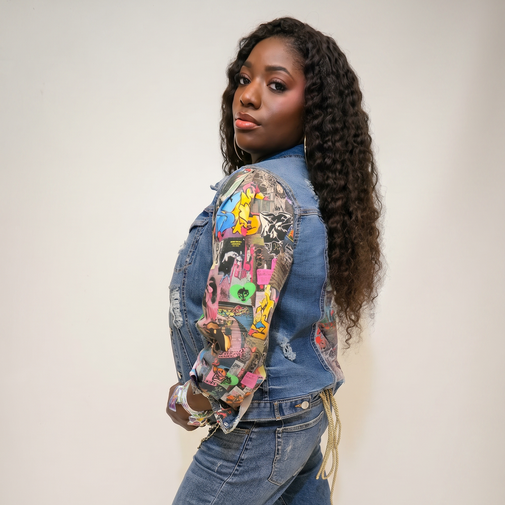 A woman modeling a denim jacket covered in colorful patches and appliques, paired with blue jeans featuring gold grommets down the leg and colorful high heels, against a plain light background.