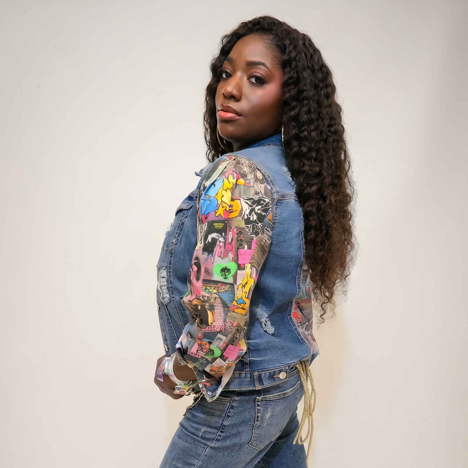 A woman modeling a denim jacket covered in colorful patches and appliques, paired with blue jeans featuring gold grommets down the leg and colorful high heels, against a plain light background.