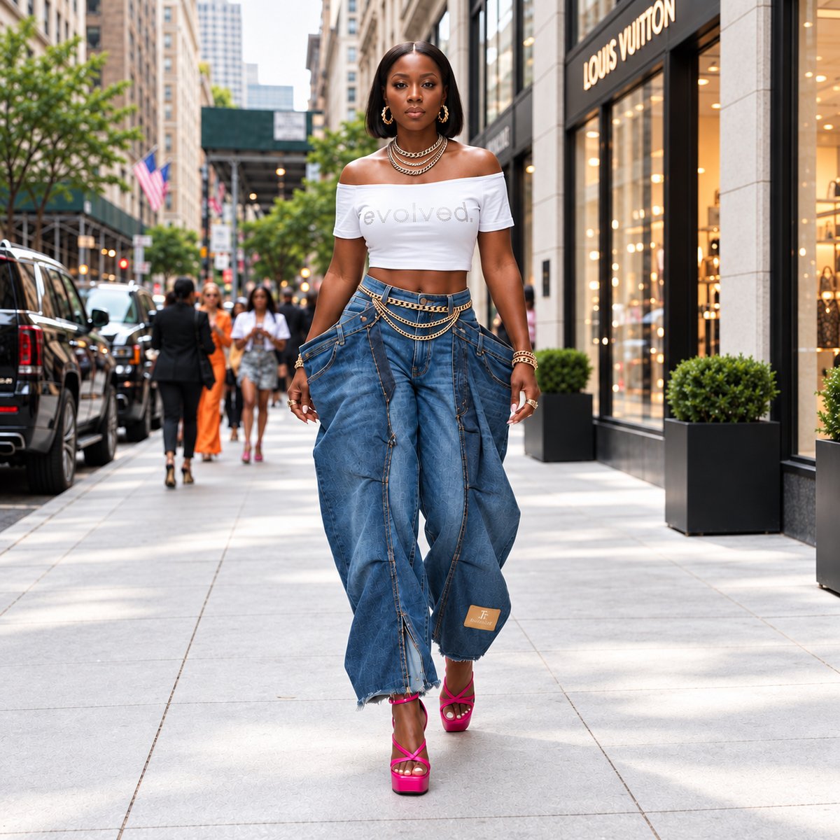 A woman walks down a city sidewalk wearing a white off-the-shoulder crop top with 'evolved' printed across the chest, oversized blue jeans styled with a gold chain belt, and bright pink high heels. LV storefront is visible on the right.