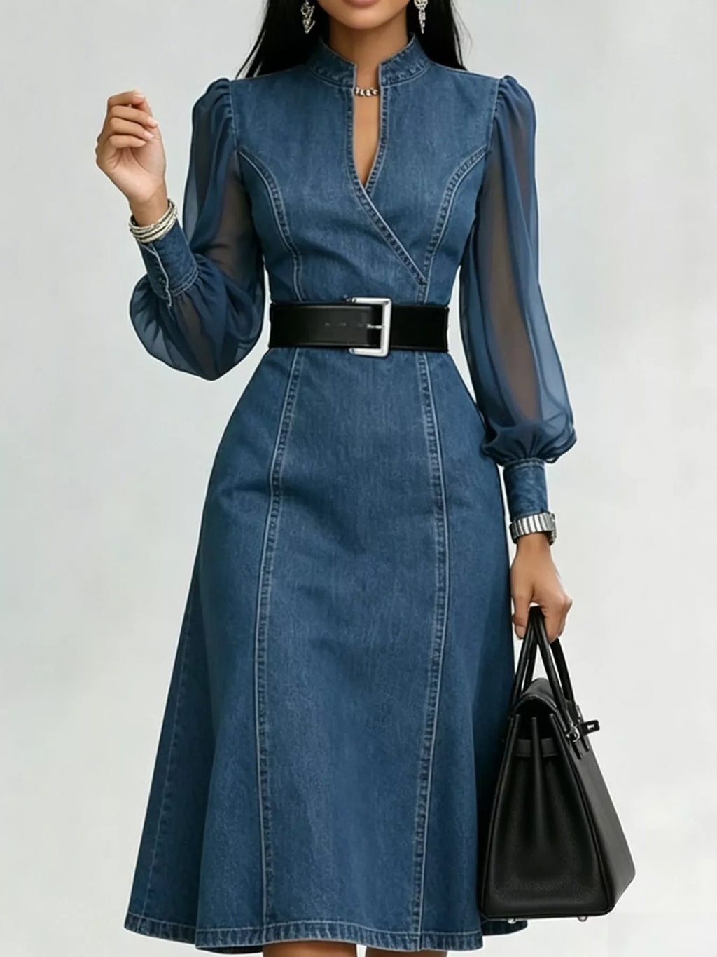 Sheer Elegance Denim Midi Dress