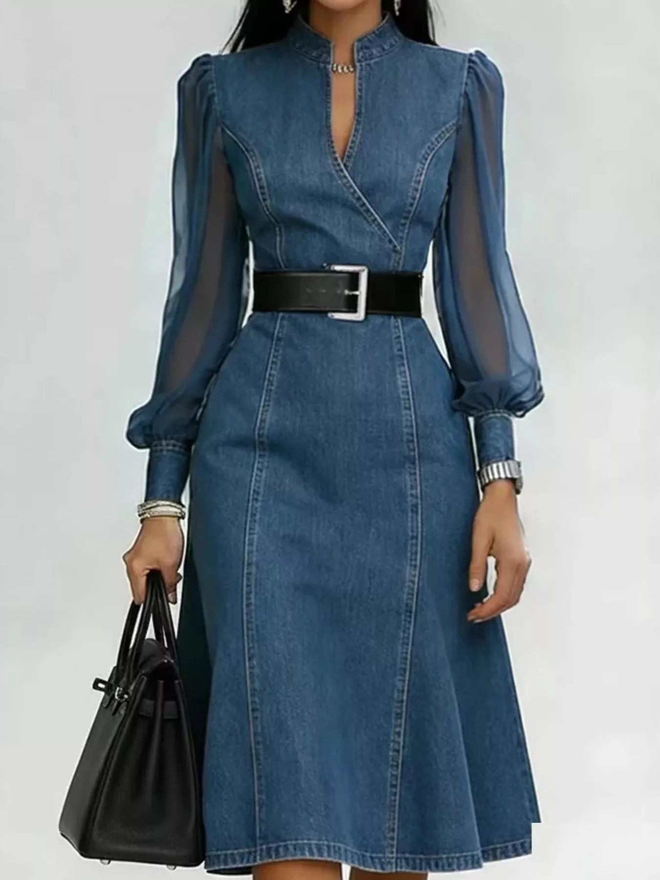 Sheer Elegance Denim Midi Dress