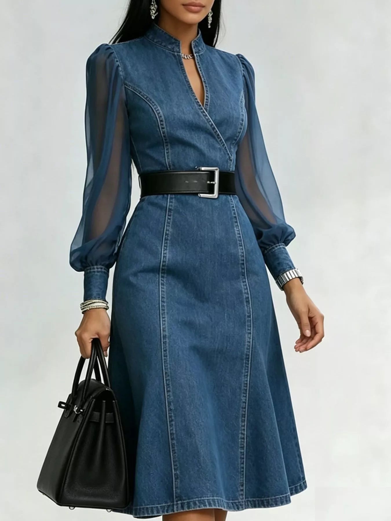 Sheer Elegance Denim Midi Dress