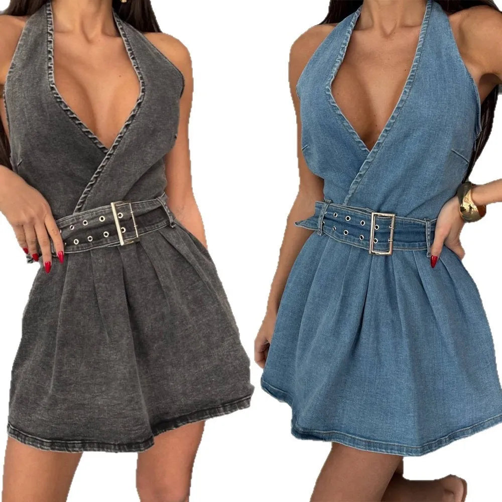 Wrapped Up Backless Belted Denim Mini Dress