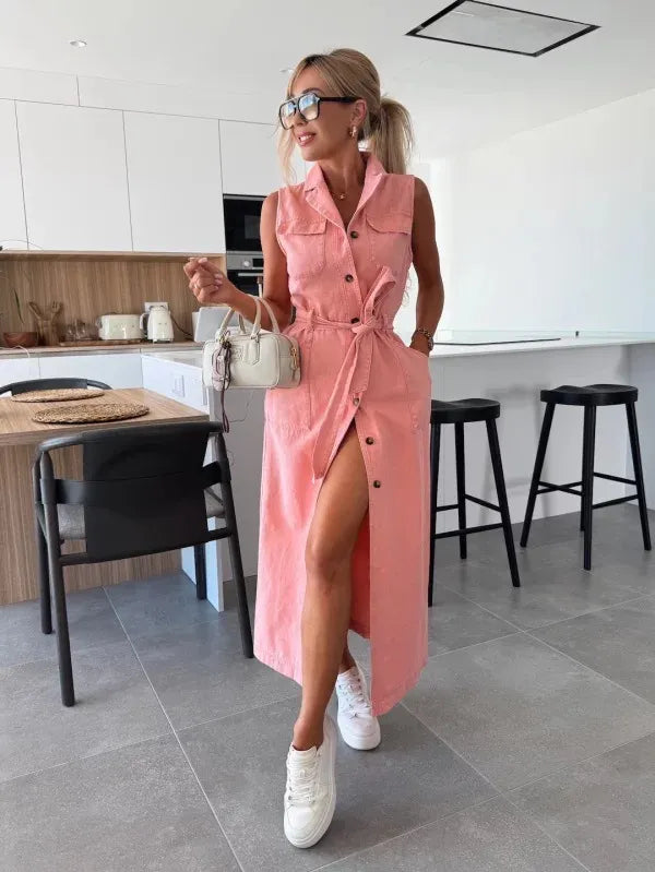 That Girl Button-Front Tie-Waist Denim Dress
