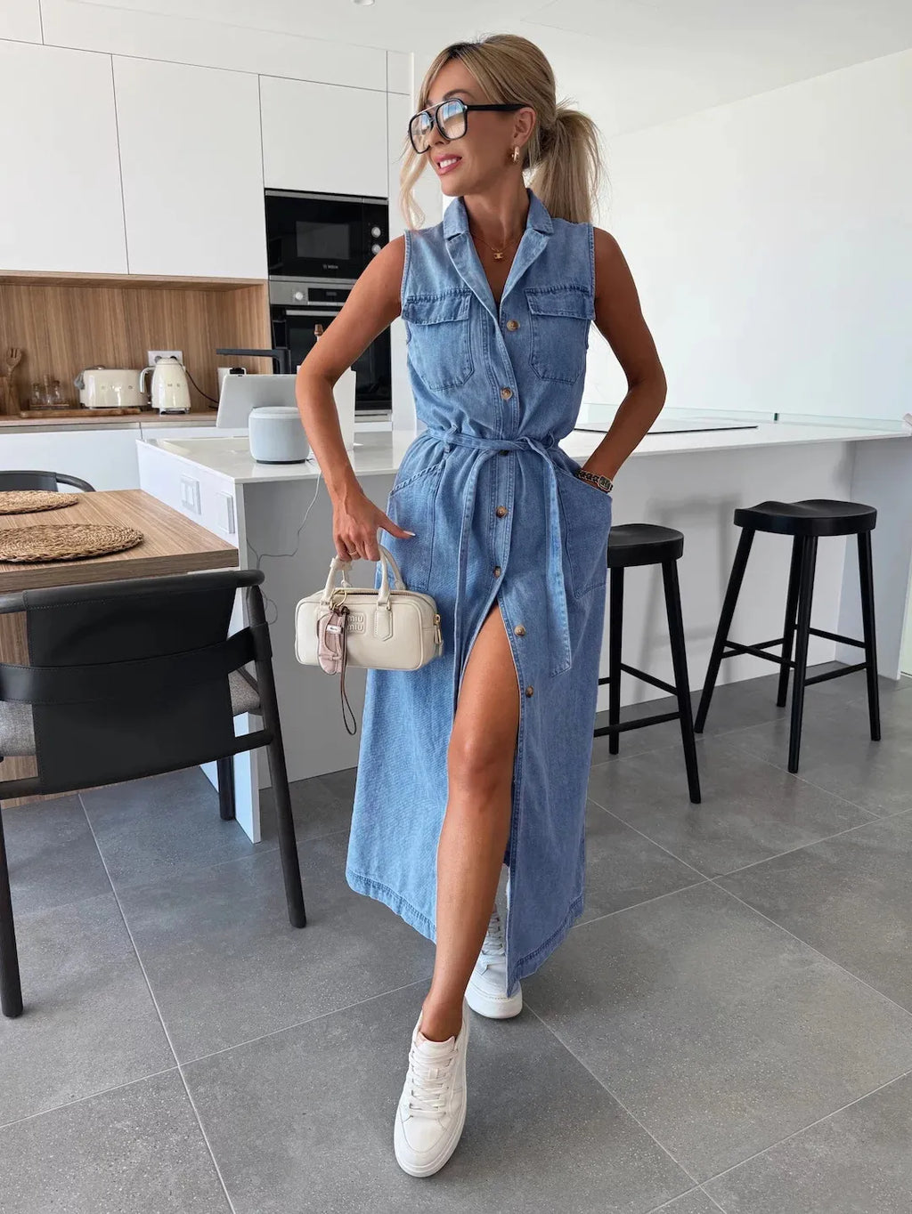 That Girl Button-Front Tie-Waist Denim Dress