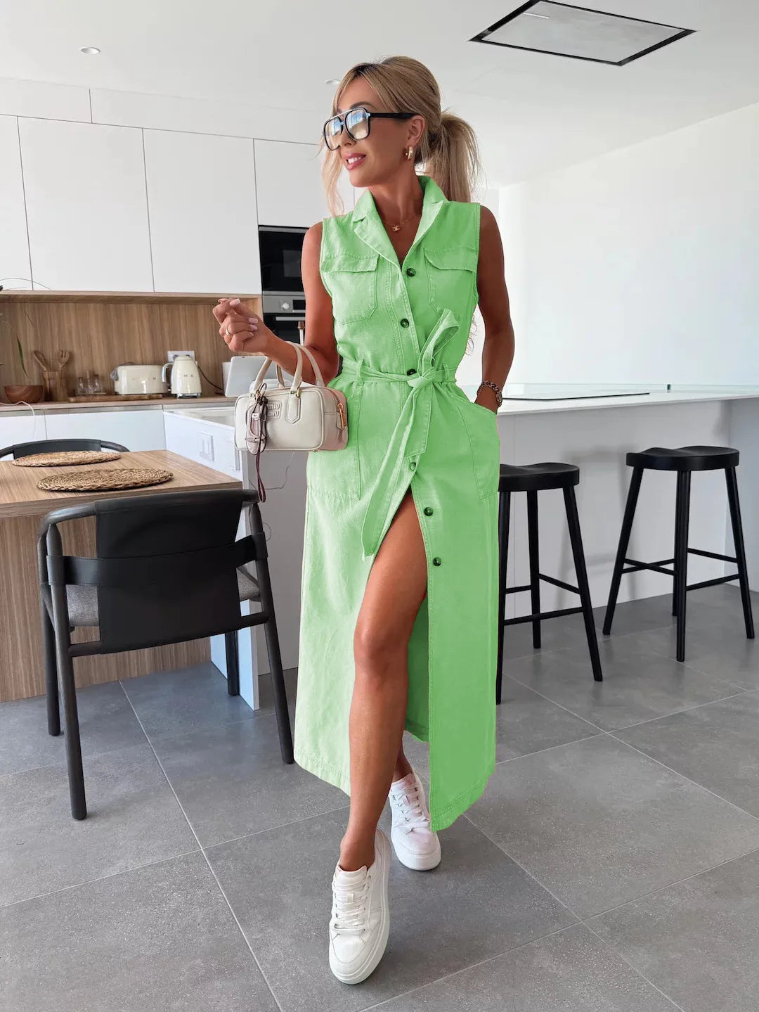 That Girl Button-Front Tie-Waist Denim Dress