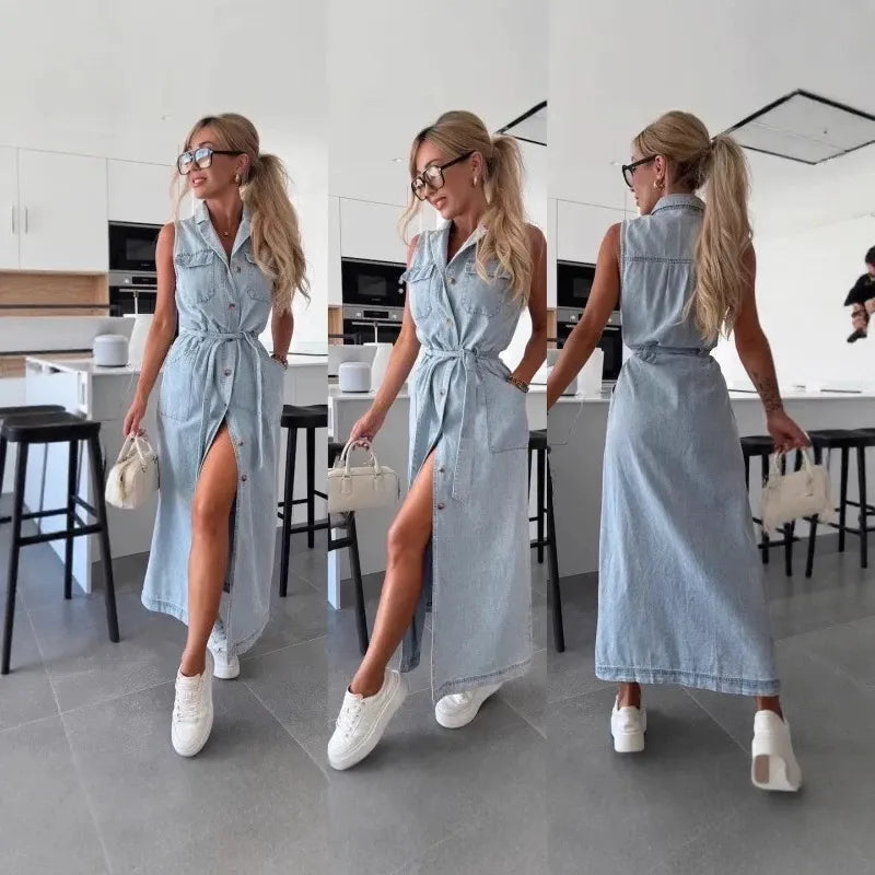 That Girl Button-Front Tie-Waist Denim Dress