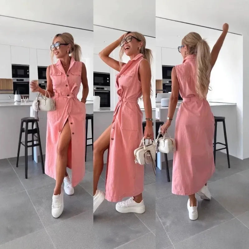 That Girl Button-Front Tie-Waist Denim Dress