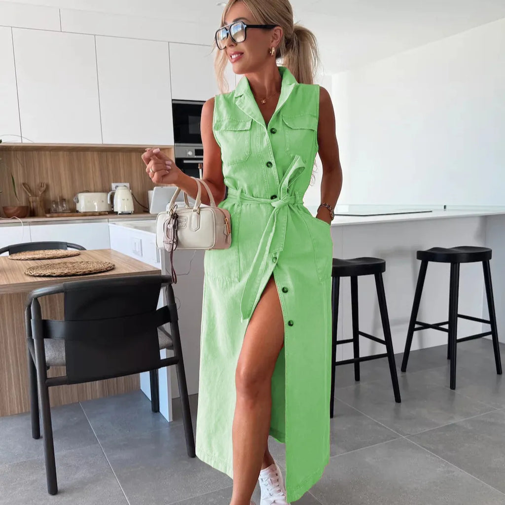 That Girl Button-Front Tie-Waist Denim Dress