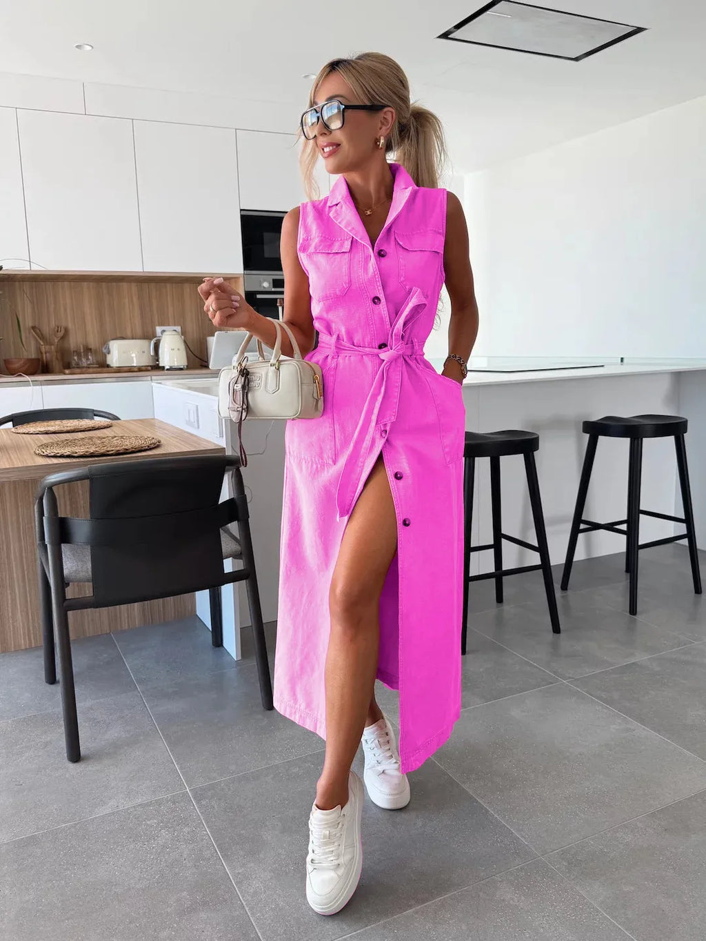 That Girl Button-Front Tie-Waist Denim Dress