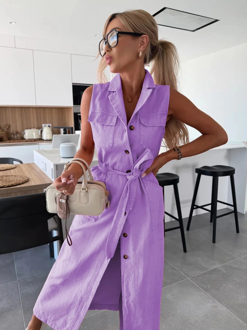 That Girl Button-Front Tie-Waist Denim Dress
