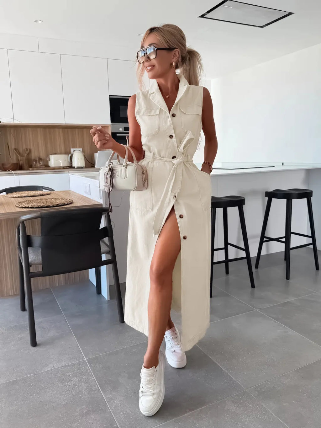 That Girl Button-Front Tie-Waist Denim Dress